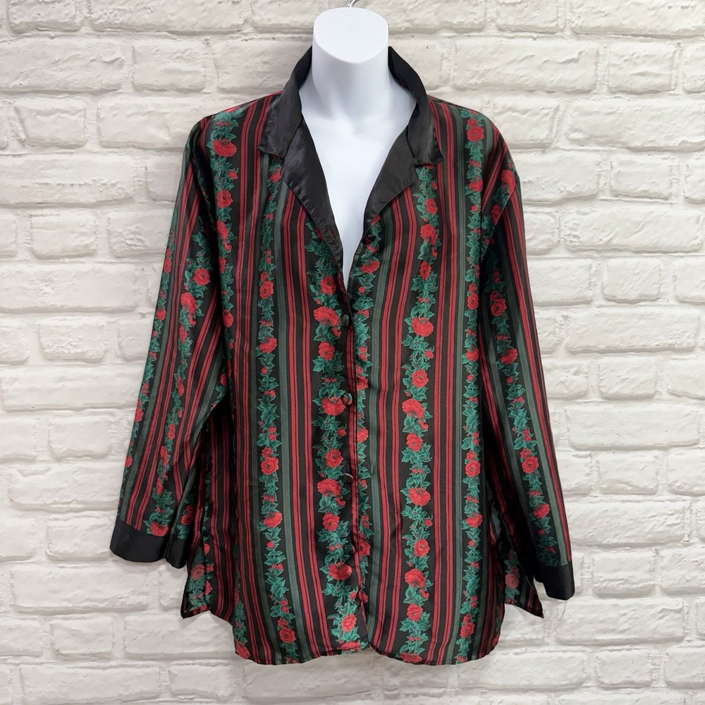 Vtg‎ Delicates Satin Floral Sleep Top Sz Large Red & Black Silky Romantic Lounge